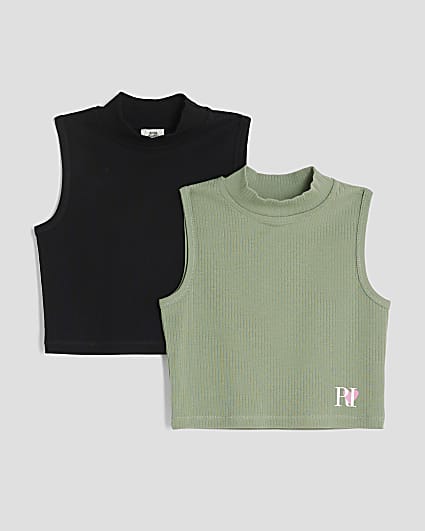 Girls Khaki Pack Of 2 High Neck Tank Tops