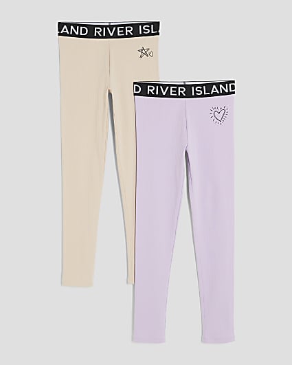 Girls Purple and Beige Ribbed 2 Pack Leggings