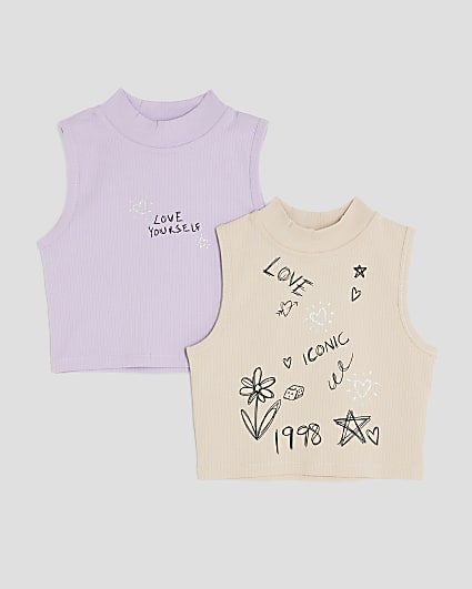 Girls Purple Pack Of 2 High Neck Tank Top