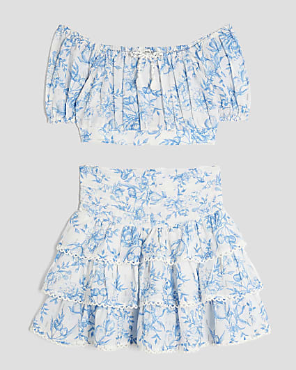 Girls Blue Fruit Print Skirt Set