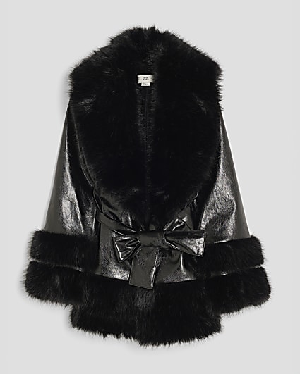 Girls Black Vinyl Faux Fur Wrap Coat