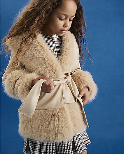 Girls Cream Faux Suede Faux Fur Wrap Coat