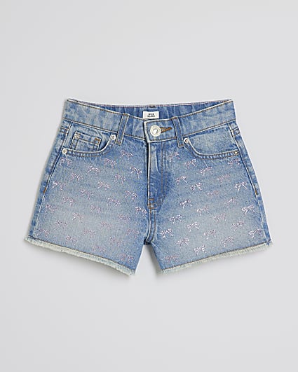 Girls Denim Pink Bow Diamante Shorts