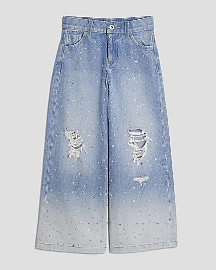 Girls Blue Rip Diamante Wide Leg Jeans