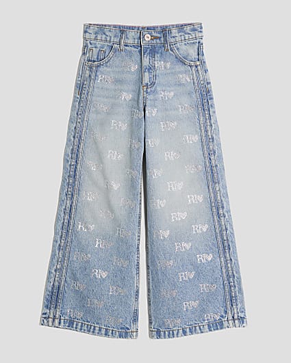 Girls Blue Diamante Monogram jeans
