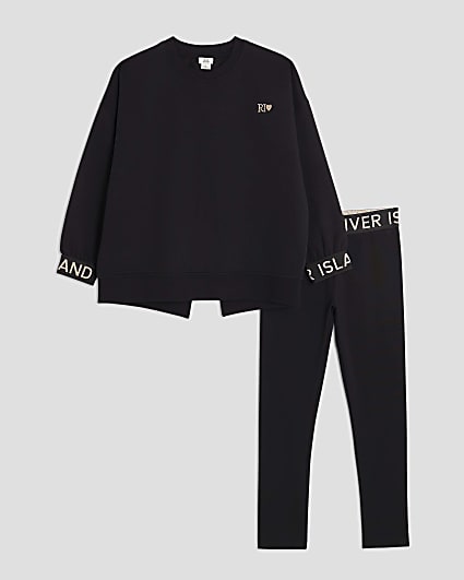Girls Black Split Back Sweatshirt Set