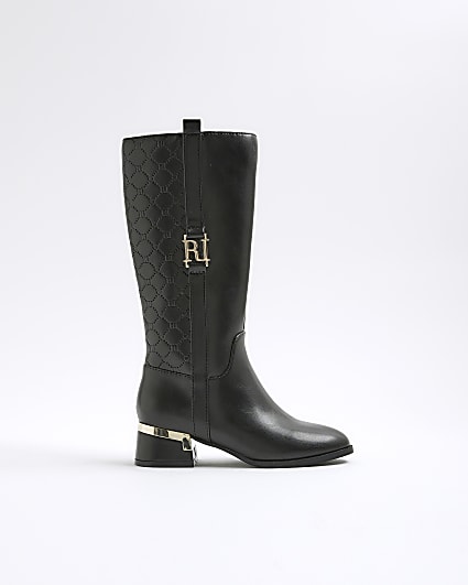 Girls Black Embossed knee high boots
