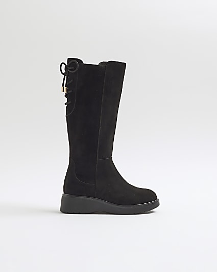 Girls Black faux suede Wedge knee high boots