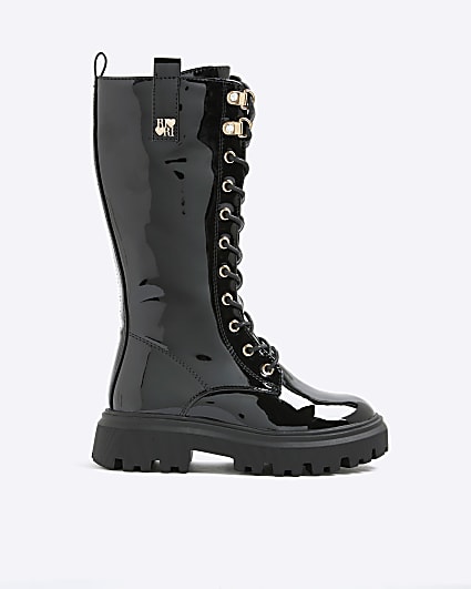 Girls Black Lace Up Knee High Boots