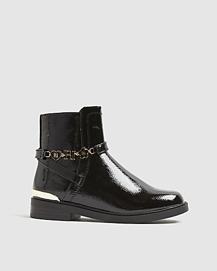 Girls Black Flower Chain Riding Boots