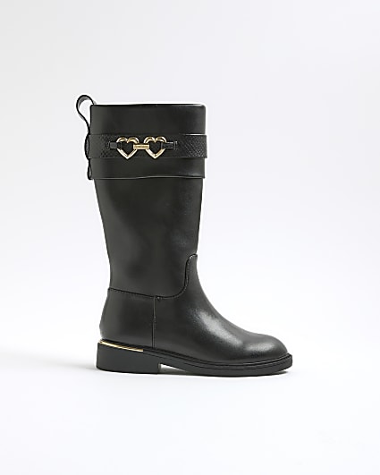 Girls Black Heart Snaffle Knee High Boots