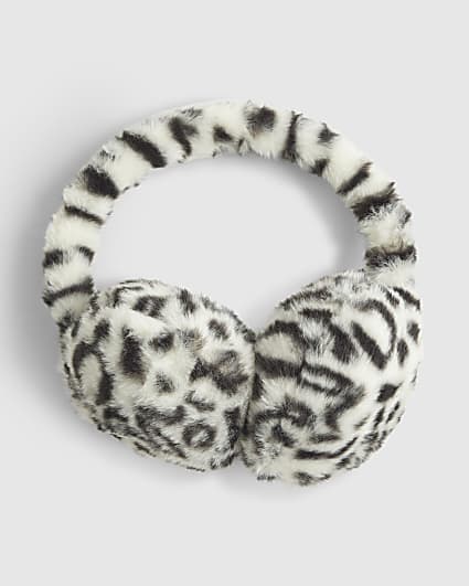 Girls White Snow Leopard Earmuffs