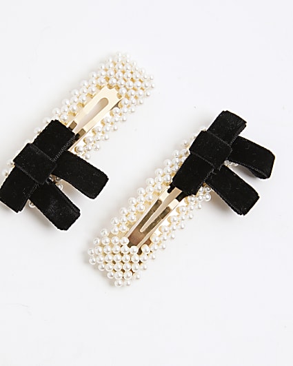 White Pearl And Bow Hair Clips