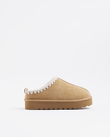 Girls Brown Whipstitch Mules