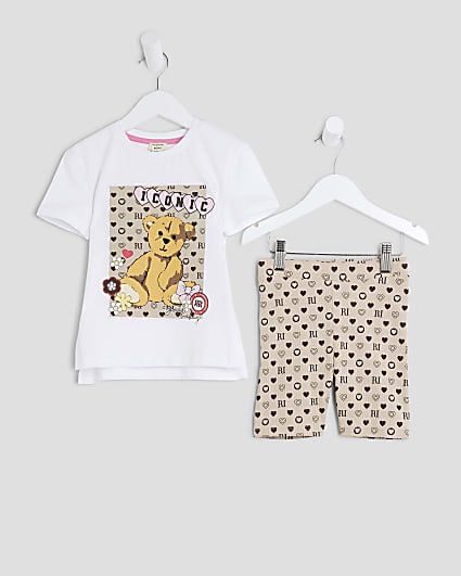 Mini Girls White Bear Monogram T-Shirt Set