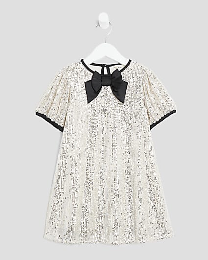 Mini Girls Silver Sequin Bow Shift Dress