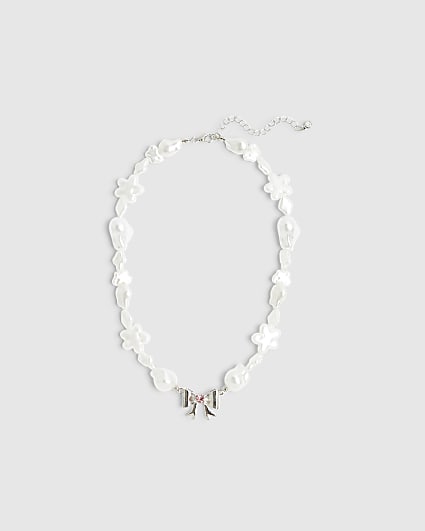 Girls White Pearl And Bow Necklace