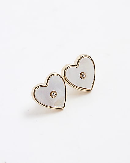 Girls Gold White Heart Stud Earrings