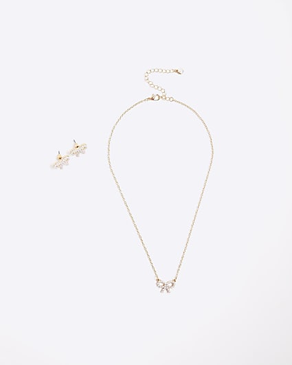 Girls Gold Pearl Bow Earrings And Necklace