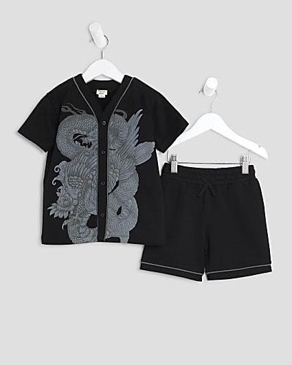 Mini Boys Black Dragon Baseball T-Shirt Set