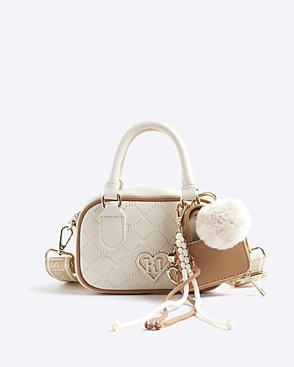 Girls Cream Monogram Charm Barrel Bag
