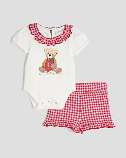 Baby Girls Ecru Bear Gingham Shorts Set