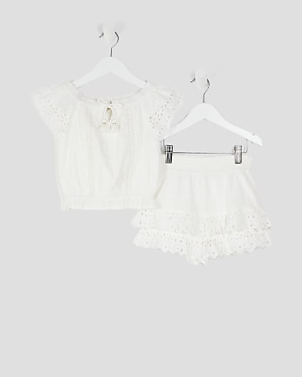 Mini Girls White Broidere Tassel Top Set