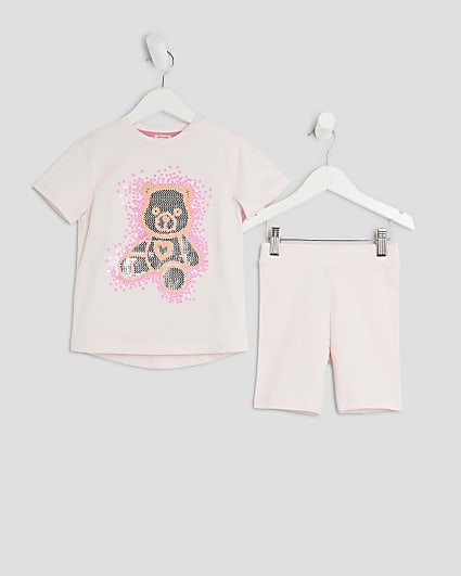 Mini Girls Pink Sequin Bear T-Shirt Set