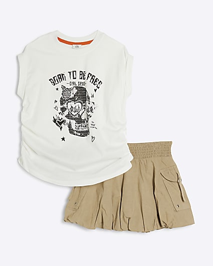 Girls White Skull T-Shirt And Skirt Set