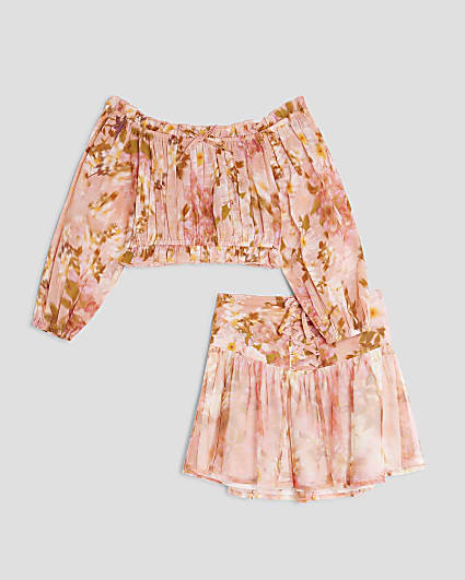 Girls Orange Floral Dropped Waist Skirt Set