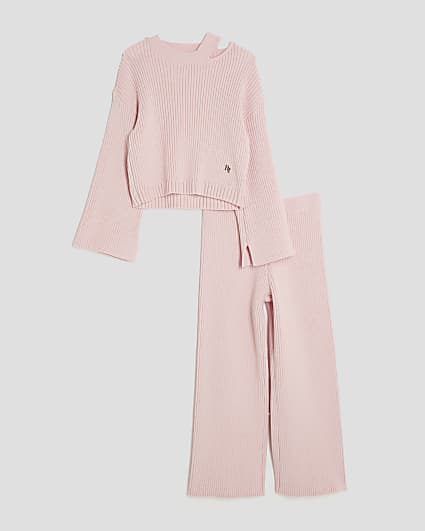Girls Pink Ribbed Cut Out Shoulder Jumper Set