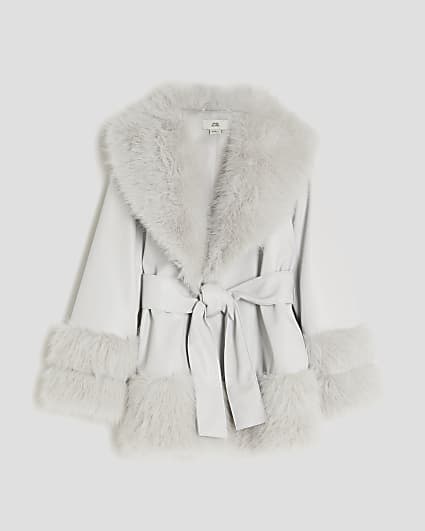 Girls Grey Faux Fur Wrap Coat