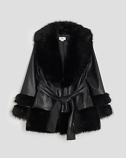 Girls Black Faux Fur Wrap Coats