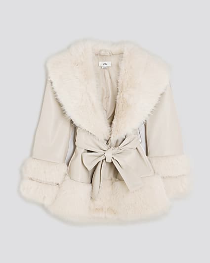 Girls Cream Faux Fur Wrap Coat