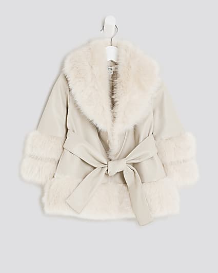 Mini Girls Cream Faux Fur Wrap Coat
