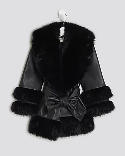 Mini Girls Black Faux Fur Wrap Coat