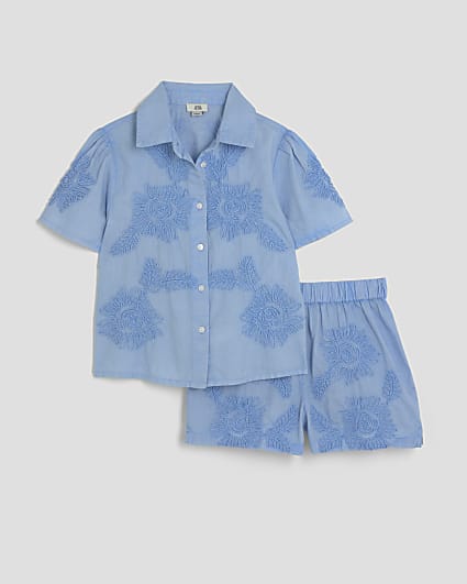 Girls Blue Floral Shirt And Shorts Set