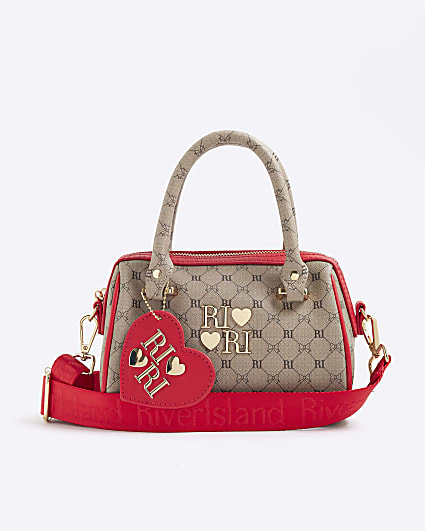 Girls Brown and Red Monogram Bowler bag