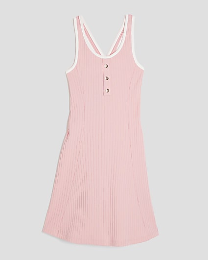 Girls Pink Ribbed Button Fit And Flared Dress