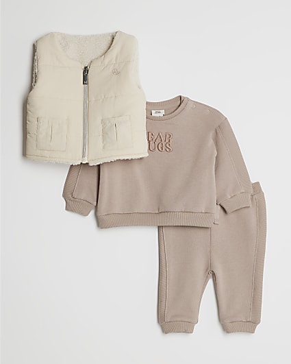 Baby Boys Brown 3 Piece Padded Gilet Set