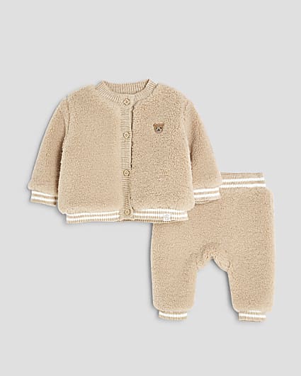 Baby Boys Beige Borg Bear Cardigan Set