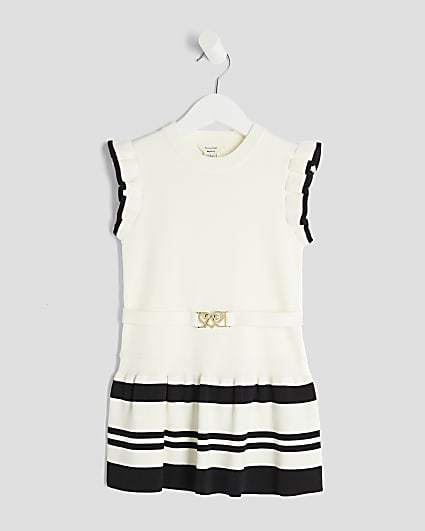 Mini Girls Cream Belted Ruffle Hem Dress