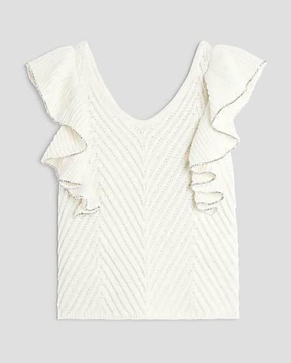 Girls Cream Diamante Trimmed Crochet Top