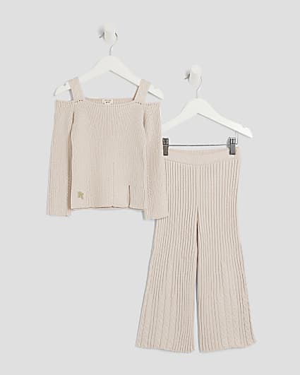 Mini Girls Beige Ribbed Knitted Jumper Set
