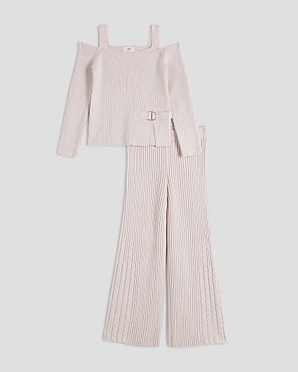 Girls Beige Cold Shoulder Ribbed Knitted Set