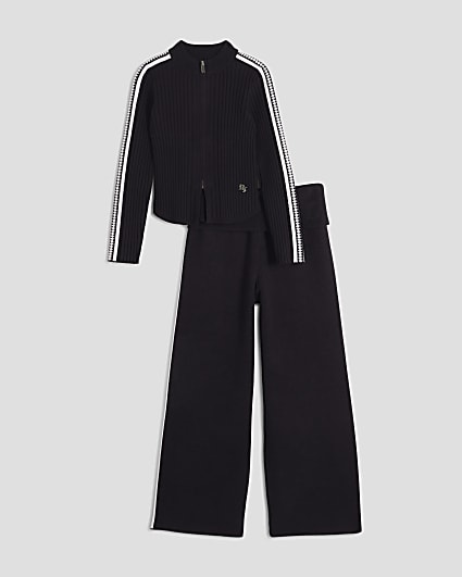 Girls Black Sporty Zip Through Jumper Set