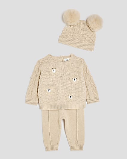 Baby Boys Beige Bear Jumper And Hat Set