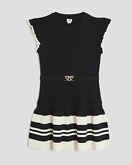 Girls Black Belted Ruffle Hem Dress