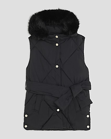 Girls Black Belted Faux Fur Hooded Gilet