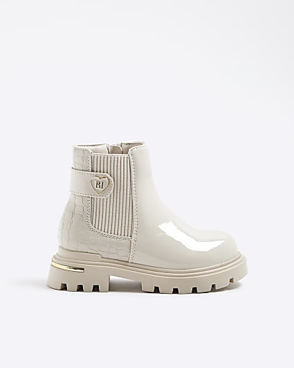 Mini Girls Cream Heart Strap Chelsea Boots